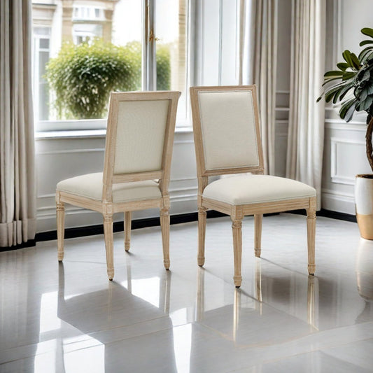 French Country Dining Chairs - Upholstered Rectangular Side Chairs with Solid Wood Leg. Beige (Set of 4)