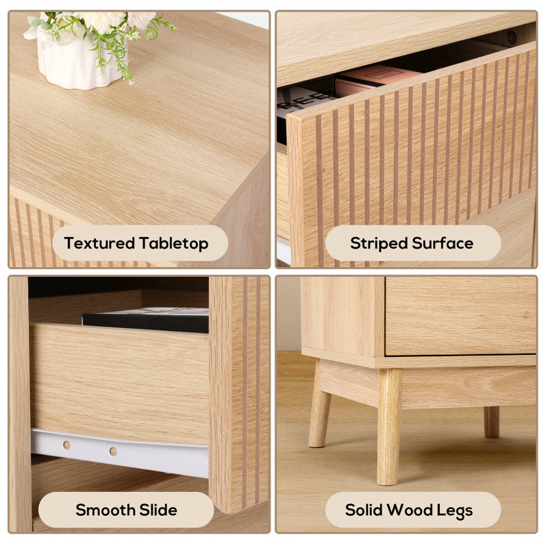 Grooved wood bedside tables with 2 drawers (set of 2)