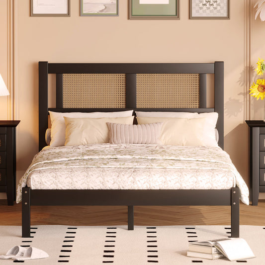 Wooden Platform Full Size Black Bed with Natural Rattan Headboard,Minimalist Elegance Charm for Bedroom