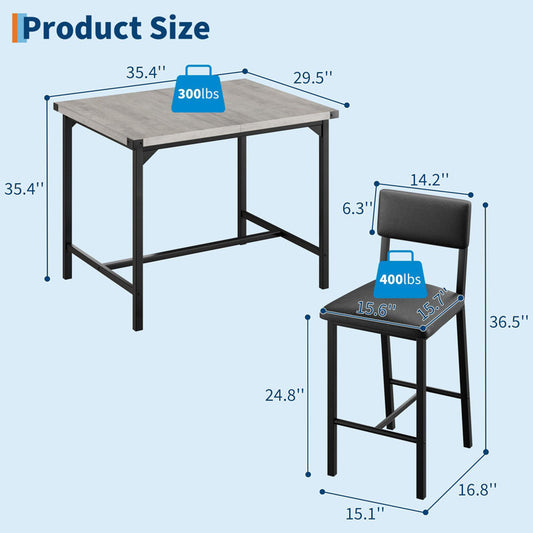 Ensemble table et chaises de salle à manger, table haute avec 4 tabourets de bar rembourrés, plateau gris et chaises noires