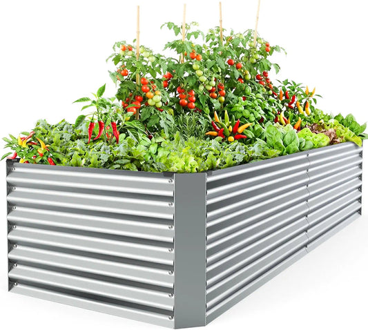 Raised Garden Bed for Outdoor Plants, Galvanized Steel Planter Box, Extra-Large Metal Garden Boxes, Raised Beds for Gardening, Vegetables, Fruits, Flowers, Herbs, Silver