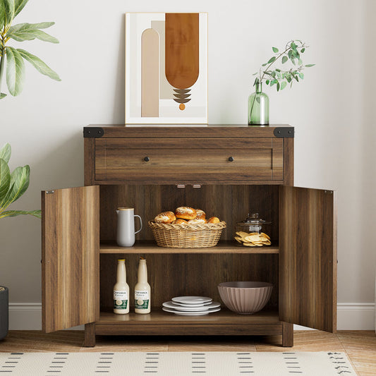 Meuble d'appoint marron à 2 portes et 1 tiroir, hauteur 84 cm (33 po).