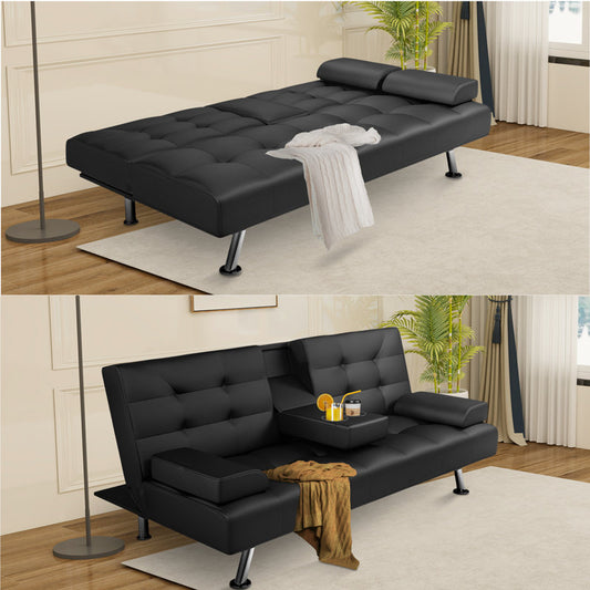 66-inch Convertible Sofa Bed with Click-Clack Cup Holder, Compact Polyurethane Leather Futon for Small Spaces