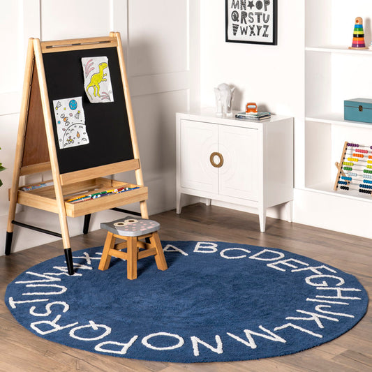 Tapis rond lavable pour enfants avec alphabet, 120 cm de diamètre, bleu