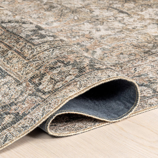 Tapis persan oriental vintage beige chiné fauve Delphine, 231 cm x 300 cm