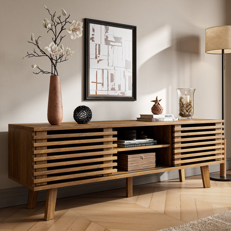 Caistor 59" TV Stand for TVs up to 65", Mid-Century Modern Entertainment Centre with Shelves Dark Brown Wood