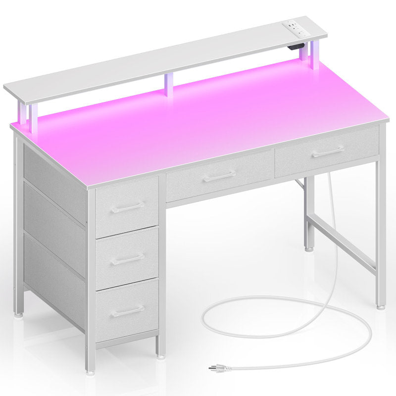 Bureau d'ordinateur Linze avec étagère pour écran, éclairage LED RGB, ports USB et tiroirs (blanc)