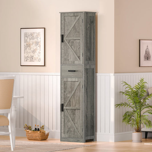 Armoire de salle de bain grise haute avec 4 étagères, 2 portes et 1 tiroir