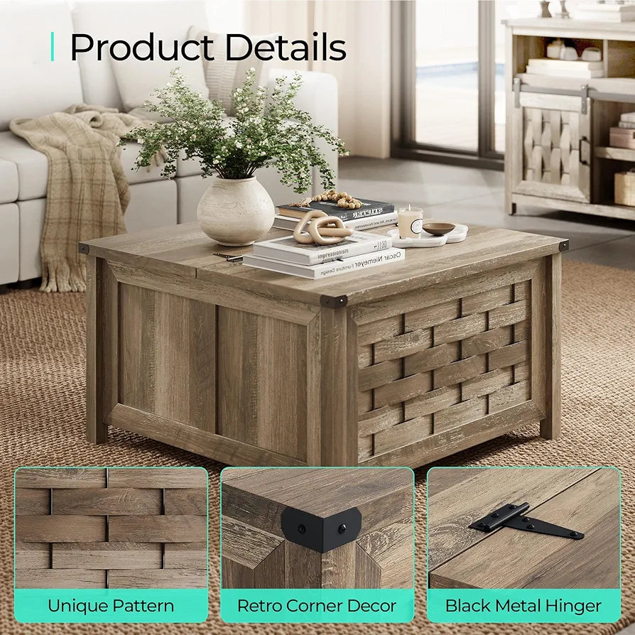 Farmhouse Coffee Table, 31.5" Square Center Table with Large Hidden Storage, Rustic Cocktail Table with Hinged Lift Top for Living Room