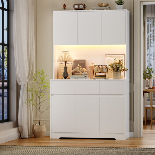 Armoire de cuisine Aybike de 180 cm de haut avec station de charge et éclairage LED, garde-manger autoportant avec 4 placards, 3 tiroirs et étagère pour micro-ondes, rangement de type vaisselier, étagères réglables