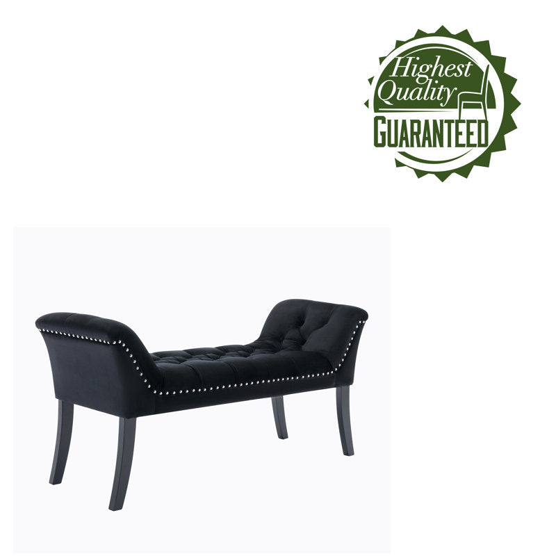 Tufted Black Velvet Bench with Rubberwood Legs