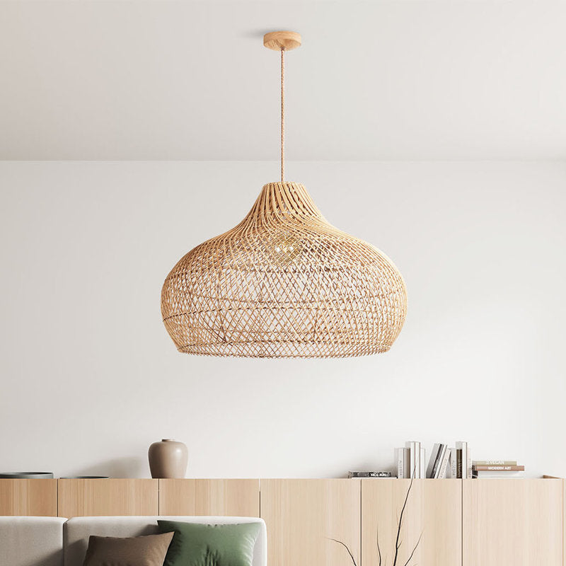 Hand-woven rattan lampshade hanging lamp Anjanie with 1 natural light or wired light fixture for Japanese Boho style dining room, kitchen or bedroom