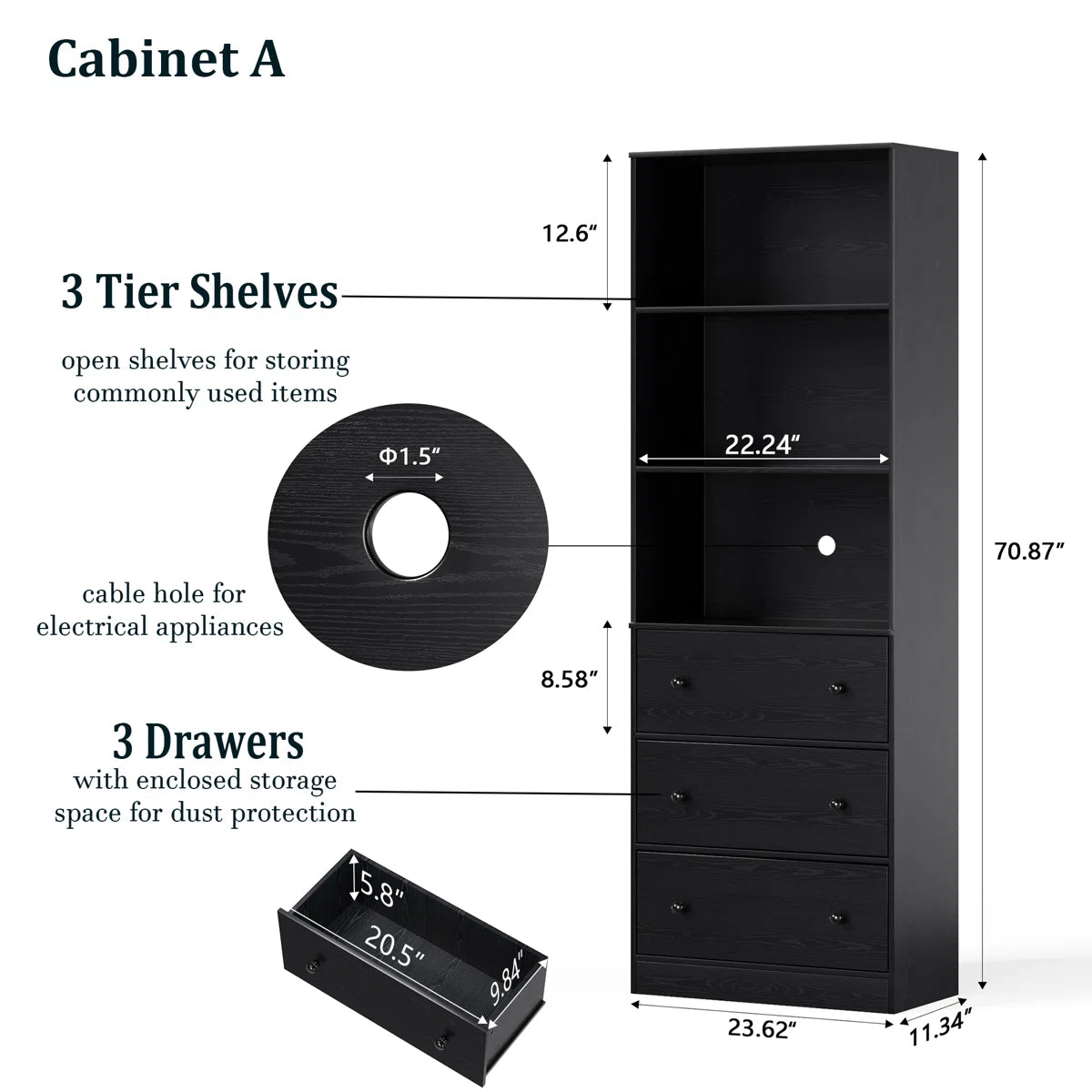 70.9'' H X 23.6'' W Standard Bookcase Cabinet with 2 Open Shelves and 3 Drawers