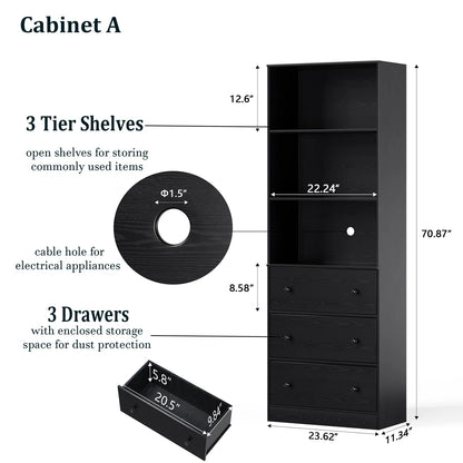 70.9'' H X 23.6'' W Standard Bookcase Cabinet with 2 Open Shelves and 3 Drawers