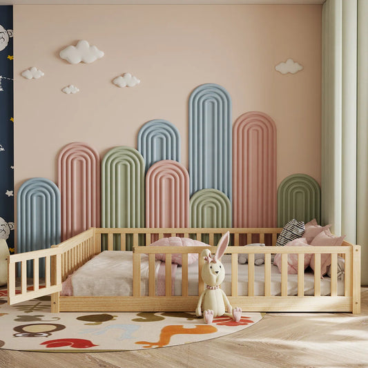 Finka Kids Floor Platforms Bed With Fence and Door (Oak White Queen Bed)