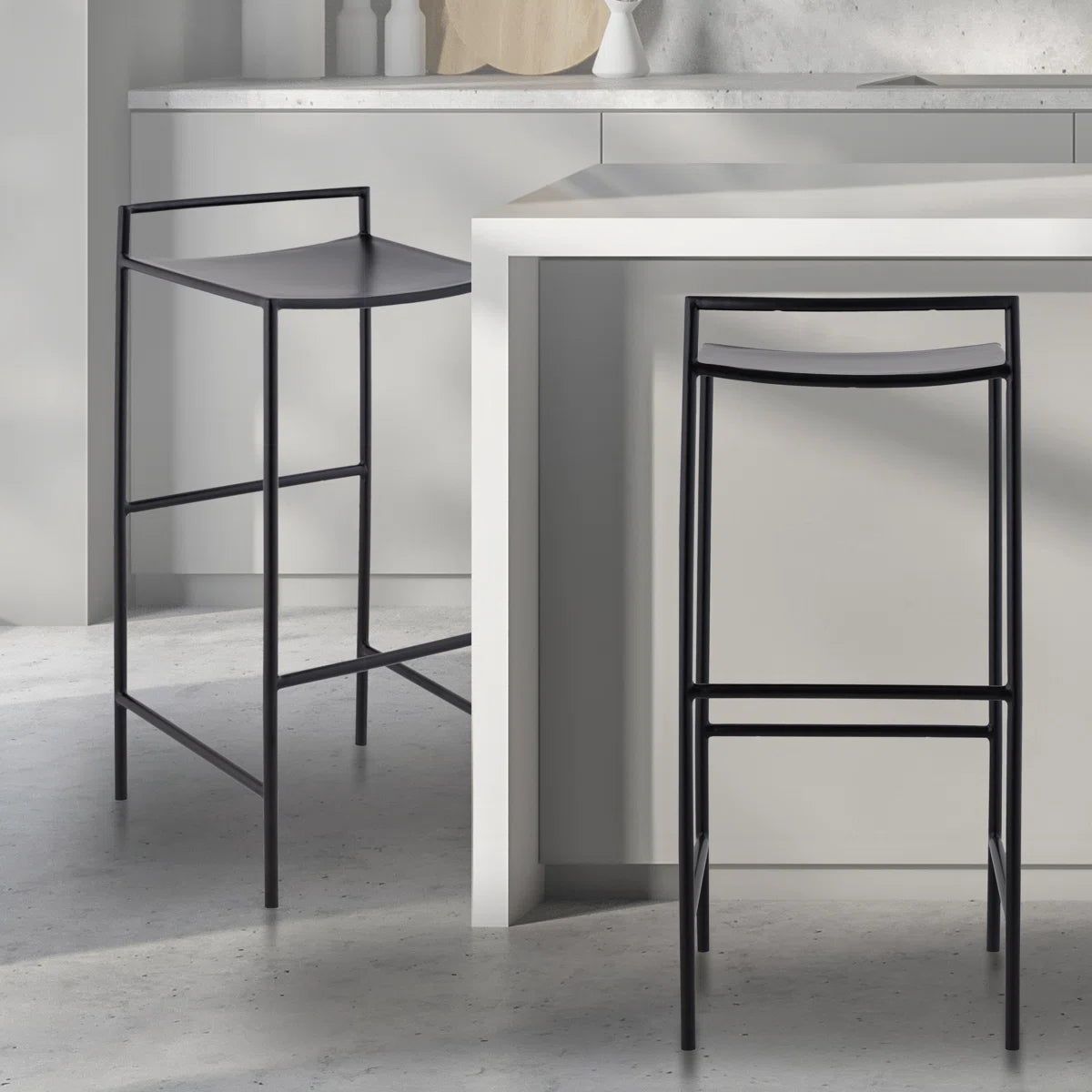 30" Coastal Contemporary Iron Saddle-Seat Low-Back Bar Stool with Foot Rest