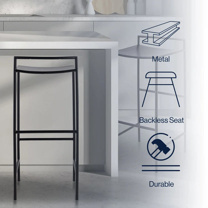 30" Coastal Contemporary Iron Saddle-Seat Low-Back Bar Stool with Foot Rest