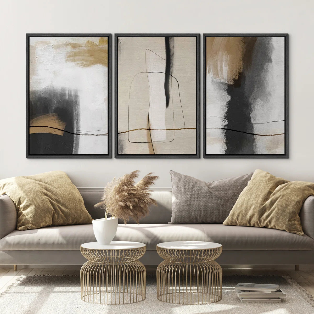 Grunge Abstract Paint Stroke Effect Tan Grey Neutral Organic Modern, framed art reproduction on canvas, living room, art reproduction on canvas