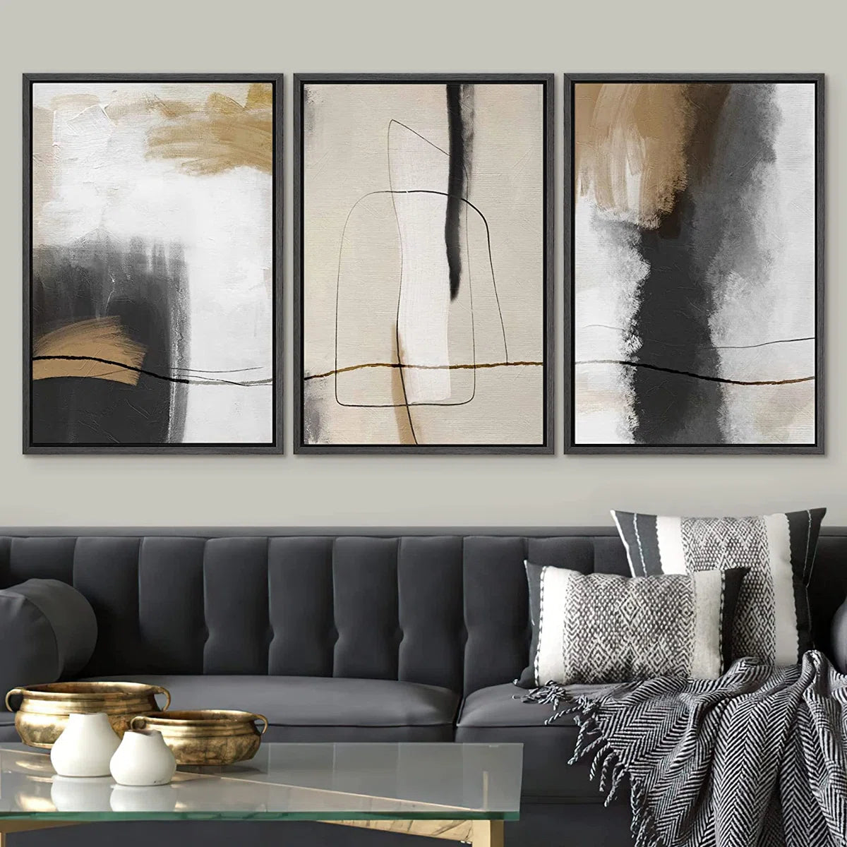Grunge Abstract Paint Stroke Effect Tan Grey Neutral Organic Modern, framed art reproduction on canvas, living room, art reproduction on canvas