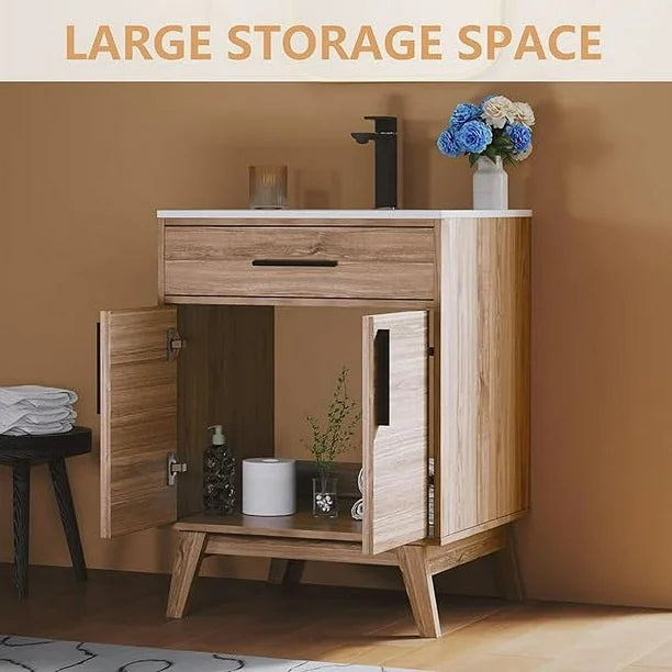 Merluxy 24.5" Bathroom Vanity with Sink Combo, Mid-Century Small Single Bathroom Cabinet Set, Brown