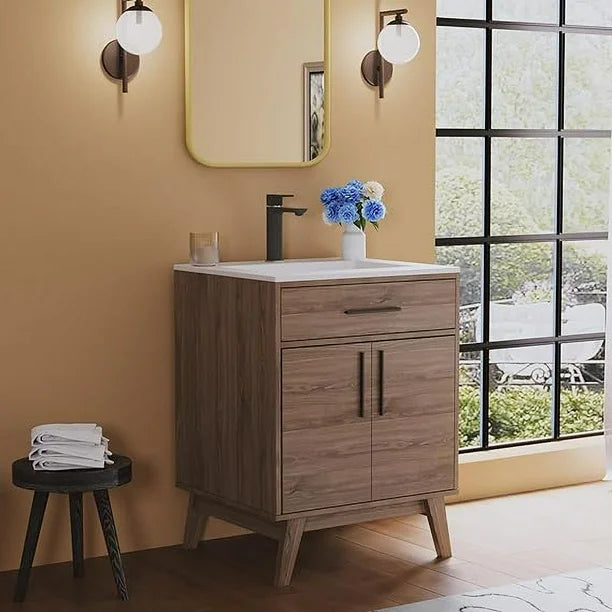 Merluxy 24.5" Bathroom Vanity with Sink Combo, Mid-Century Small Single Bathroom Cabinet Set, Brown