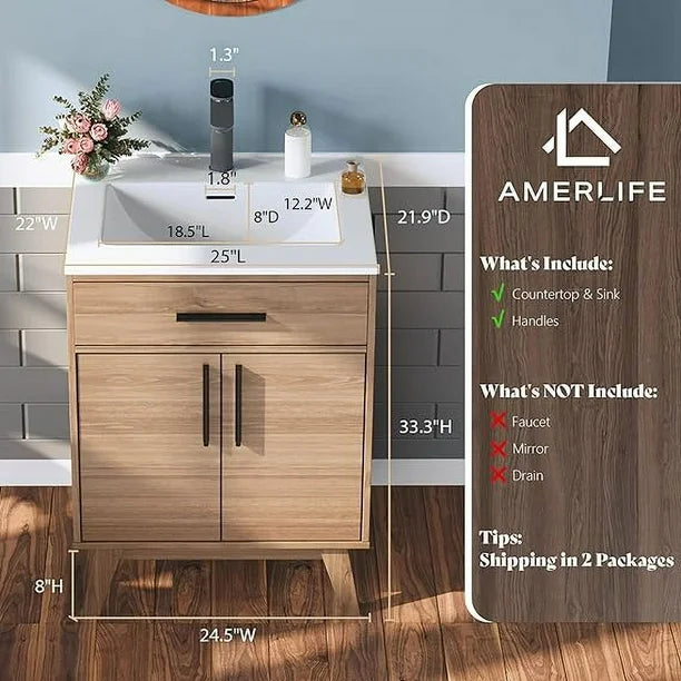 Merluxy 24.5" Bathroom Vanity with Sink Combo, Mid-Century Small Single Bathroom Cabinet Set, Brown