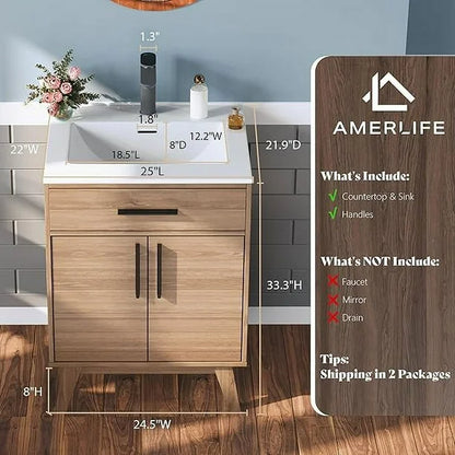 Merluxy 24.5" Bathroom Vanity with Sink Combo, Mid-Century Small Single Bathroom Cabinet Set, Brown