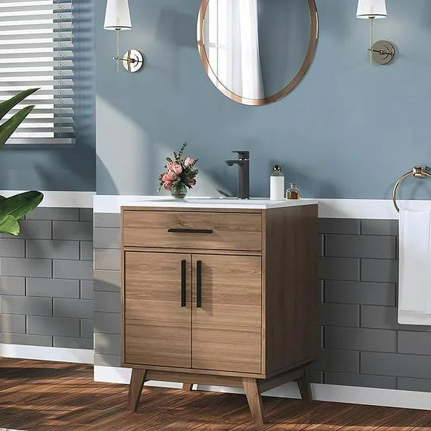 Merluxy 24.5" Bathroom Vanity with Sink Combo, Mid-Century Small Single Bathroom Cabinet Set, Brown