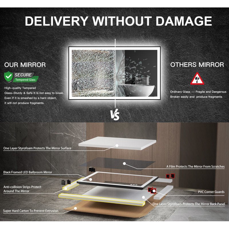 Aevar Space Aluminum Framed Front & Back LED Lighted Anti-fog Tempered Glass Bathroom/ Vanity Mirror 44x36