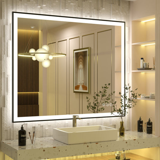 Miroir de salle de bain/coiffeuse Aevar Space en verre trempé antibuée, cadre en aluminium spatial, éclairage LED avant et arrière, 44 x 36 pouces