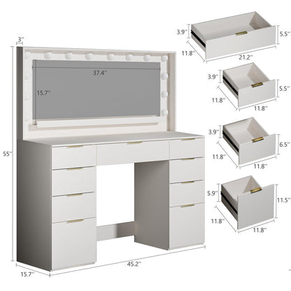 Vanity Desk With Large Mirror And Lights, 9 Drawer, Power Outlet (WHITE)