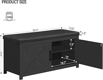 Farmhouse Shoe Storage Bench, 2 Tier Shoe Bench with Padded Seat Cushion & 2 Barn Doors, Entryway Bench with Adjustable Shelf, Shoe Cabinet for Living Room, Bedroom, Antique ( Black )