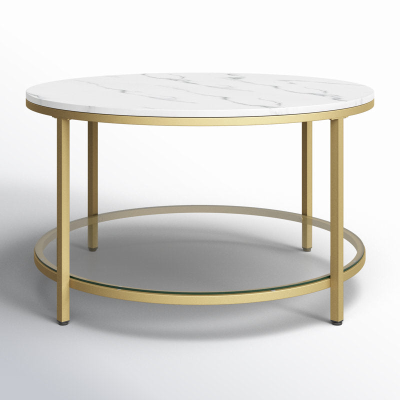 Table basse ronde Rotherham avec rangement, plateau en marbre noir et dessous en verre (or et blanc)