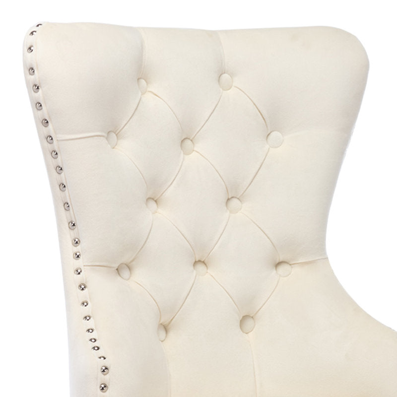 Fauteuil Parsons à oreilles capitonné en velours beige et blanc
