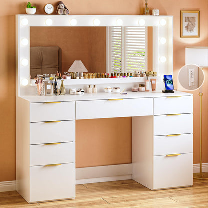 Vanity Desk With Large Mirror And Lights, 9 Drawer, Power Outlet (WHITE)