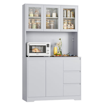 Satavia 70.9'' Kitchen Pantry with LED Lights and Charging Station, Microwave Shelf Grey