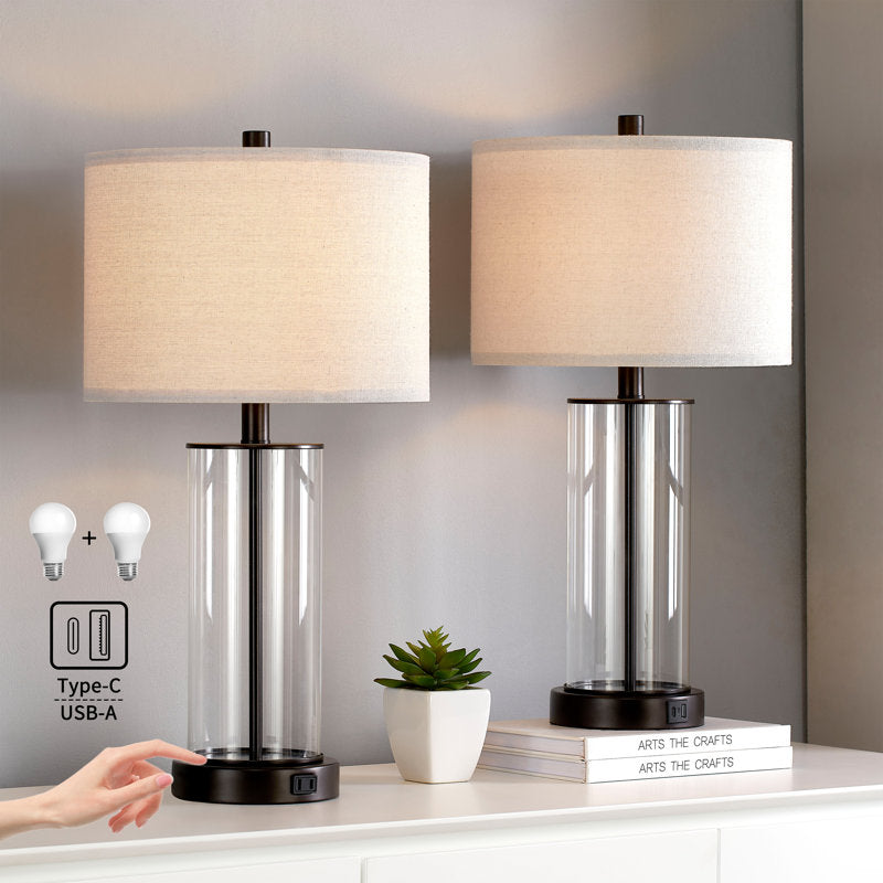 Quinita 23" Glass Table Lamp Set with Touch Control, LED Bulbs, USB Ports