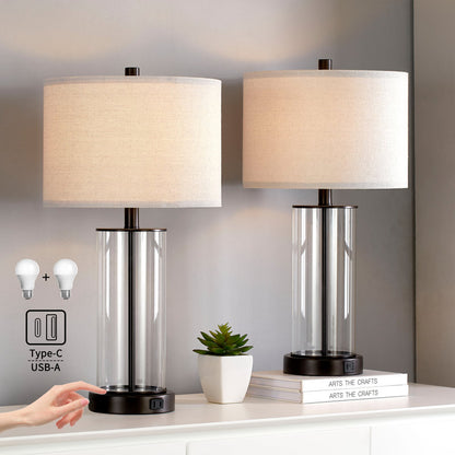 Quinita 23" Glass Table Lamp Set with Touch Control, LED Bulbs, USB Ports
