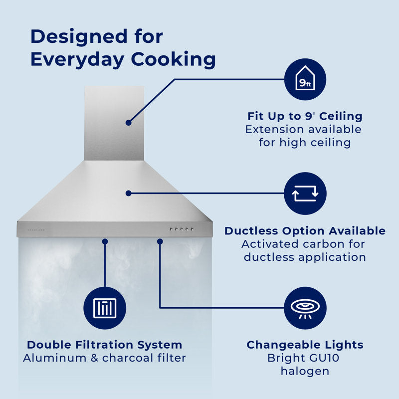 Hauslane Wall Mount Range Hood 30 Inch | Matte Black Wall Chimney | Duct/Ductless Convertible, Strong Suction, Six-layer Aluminum Filters, Changeable LED Lamps, Stove Kitchen Vent Hood