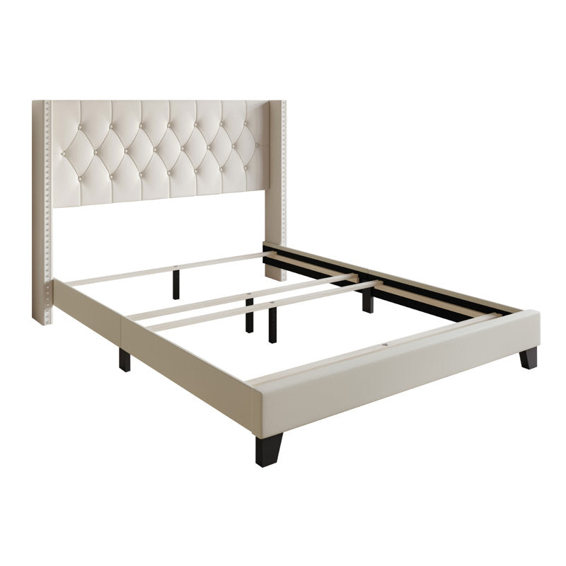 Elison Platform Bed with Fabric Upholstered Headboard and Wooden Slats BEIGE (Twin)