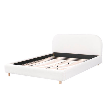 Upholstered Platform Bed with Boucle Fabric,Curve-Shaped Design Headboard, White, Easy Assembly King Size White