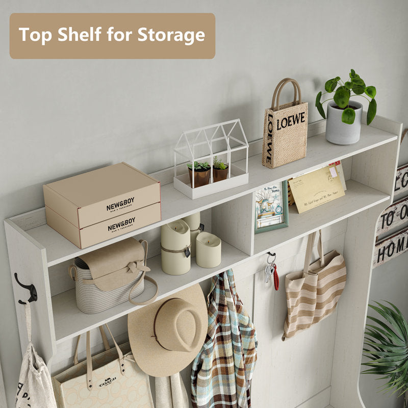 Jaxsin Hall Tree 51.3" Wide with Bench and Shoe Storage,4-in-1 Design Coat Rack for Entryway. White