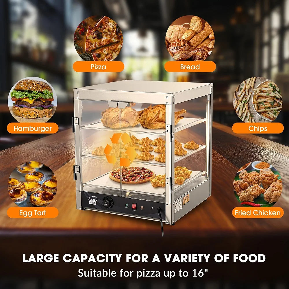 WeChef 20" Commercial Countertop Food 3-Tier Pizza Warmer with LED Adjustable Lighting Food Heater Display Case Stainless Steel for Food Truck Food Tent Fast Food Restaurant