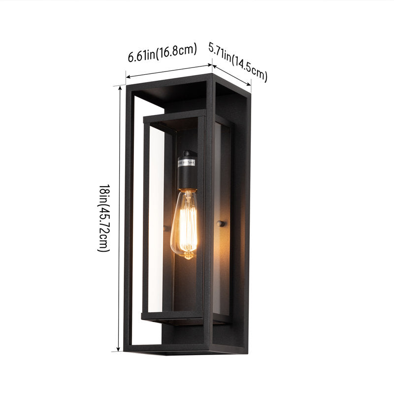 Rasharkin Classic Outdoor Wall Sconce 1 Light Rectangular Metal Frame and Clear Glass Shade Waterproof Matte Black