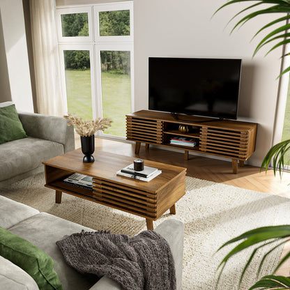 Caistor 59" TV Stand for TVs up to 65", Mid-Century Modern Entertainment Centre with Shelves Dark Brown Wood