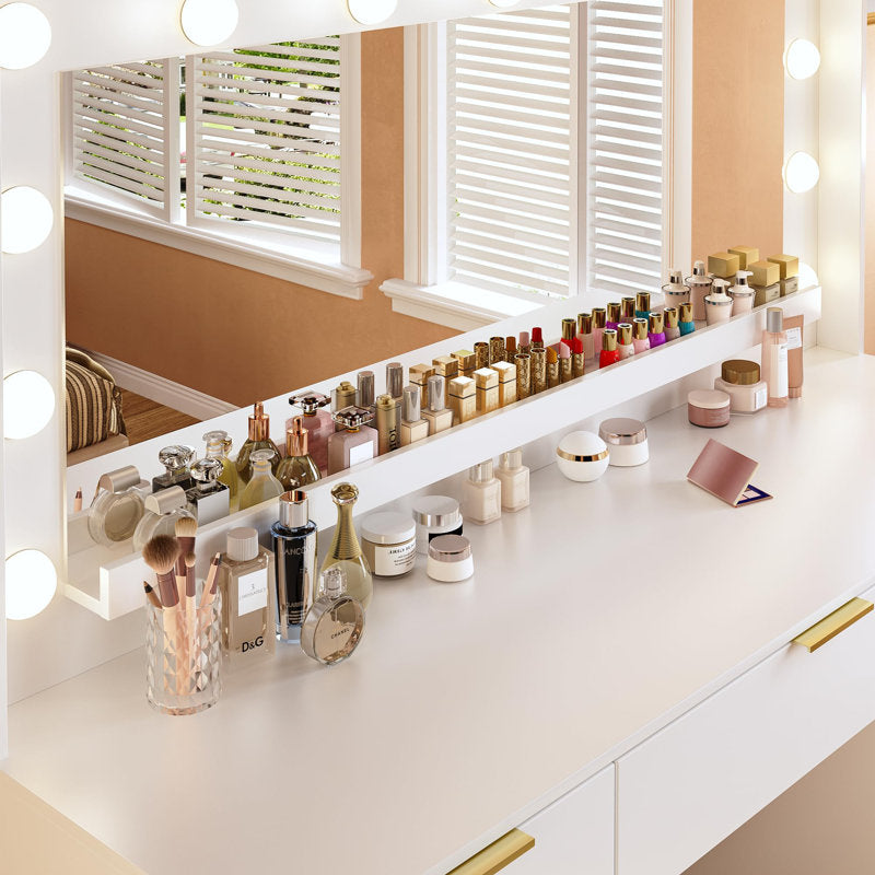 Vanity Desk With Large Mirror And Lights, 9 Drawer, Power Outlet (WHITE)