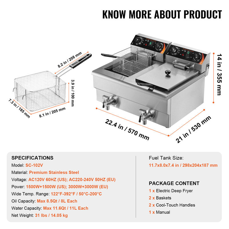 VEVOR 24L Electric Deep Fryer, With Timee And Oil Filtration, Dual Removable Baskets And Lid Included