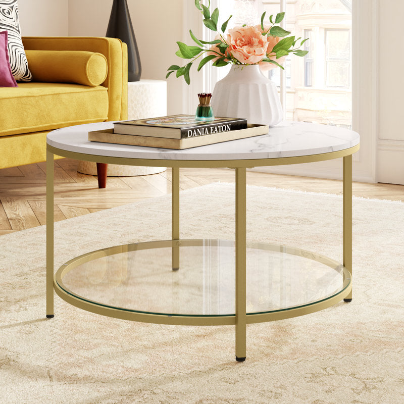 Table basse ronde Rotherham avec rangement, plateau en marbre noir et dessous en verre (or et blanc)