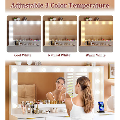 Vanity Desk With Large Mirror And Lights, 9 Drawer, Power Outlet (WHITE)