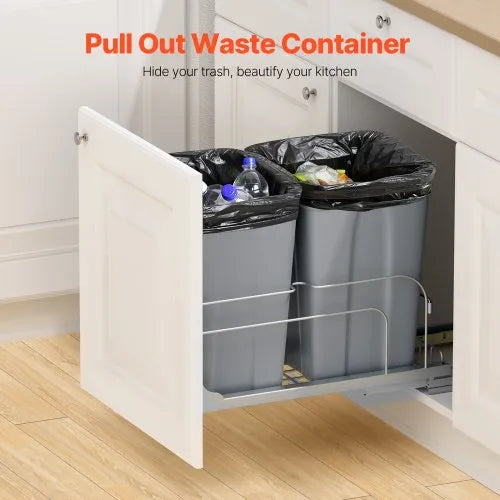 Double 27QTx2 Pullout Waste Container Under Cabinet Kitchen Bin Trash Can